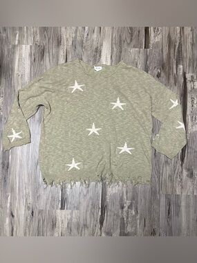 Heyson Sage Green Distressed Frayed Star Open Knit Sweater Plus Size 2XL